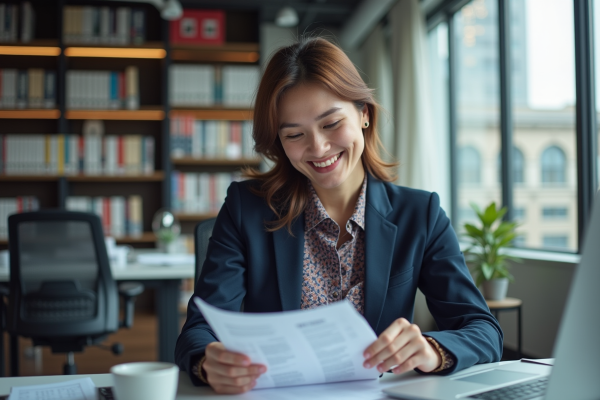 Auditrice financière femme en réunion dans un bureau lumineux