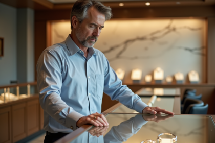 Bijoutier homme examinant une vitrine de bijoux en ville