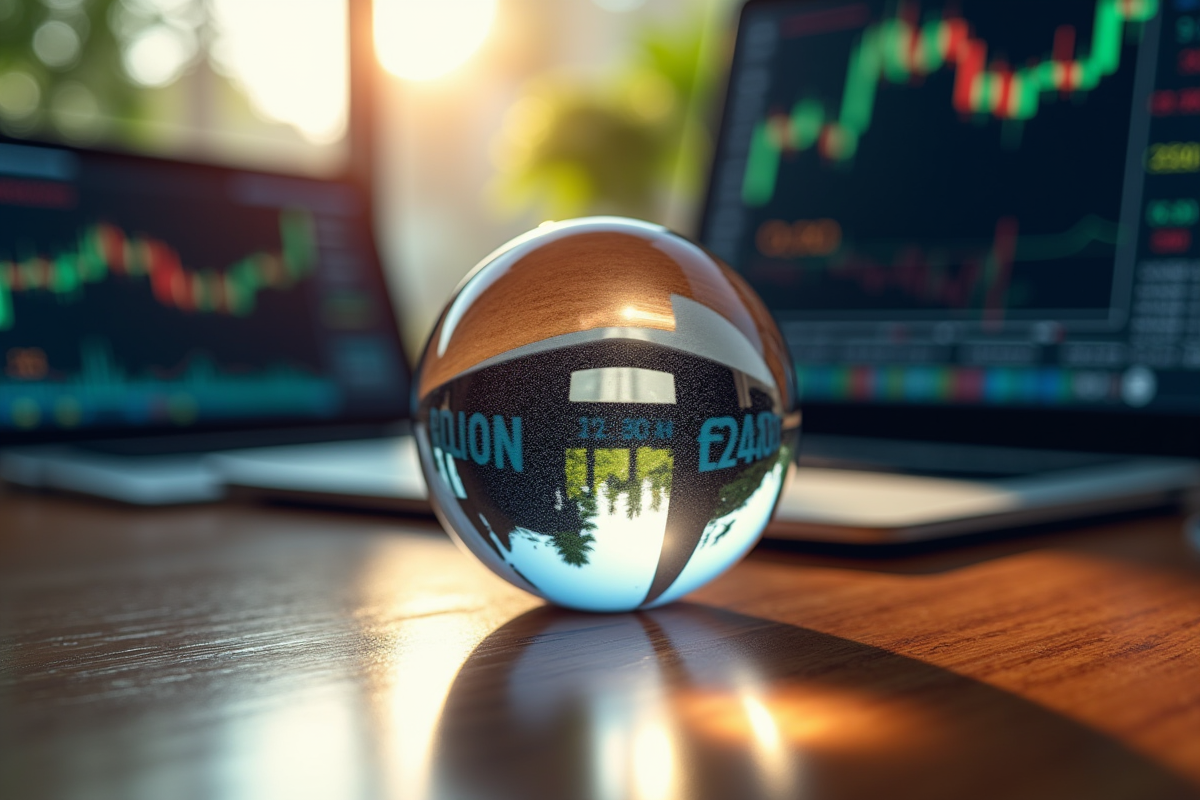 Boule de cristal sur un bureau avec écrans de cryptomonnaies