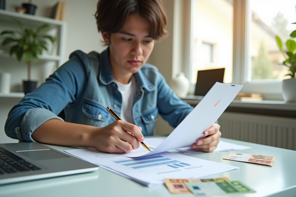 Jeune professionnel calculant ses impots au bureau lumineux