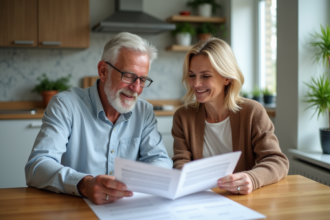 Couple d'adultes comparant des documents d'assurance à la maison
