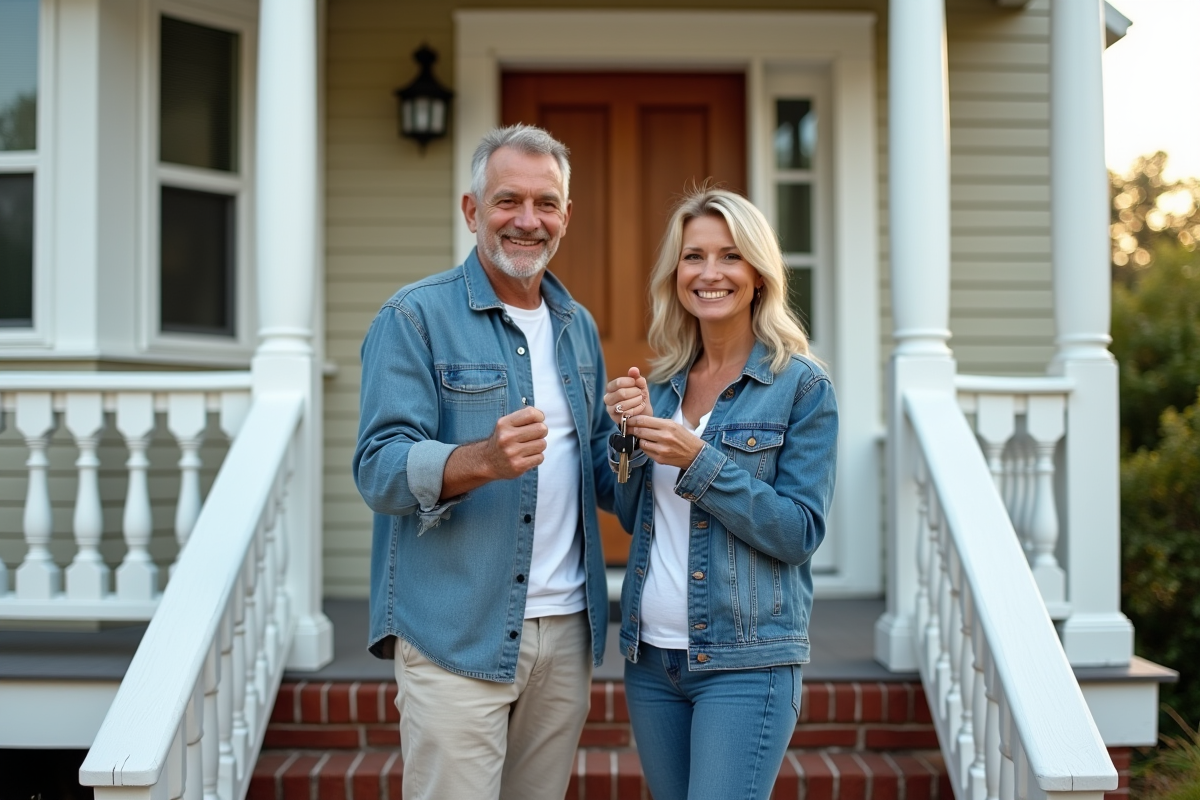 Couple souriant avec clés devant leur nouvelle maison