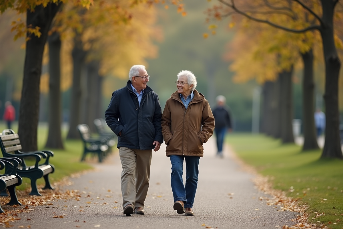 Couple retraité marche dans un parc urbain en discutant