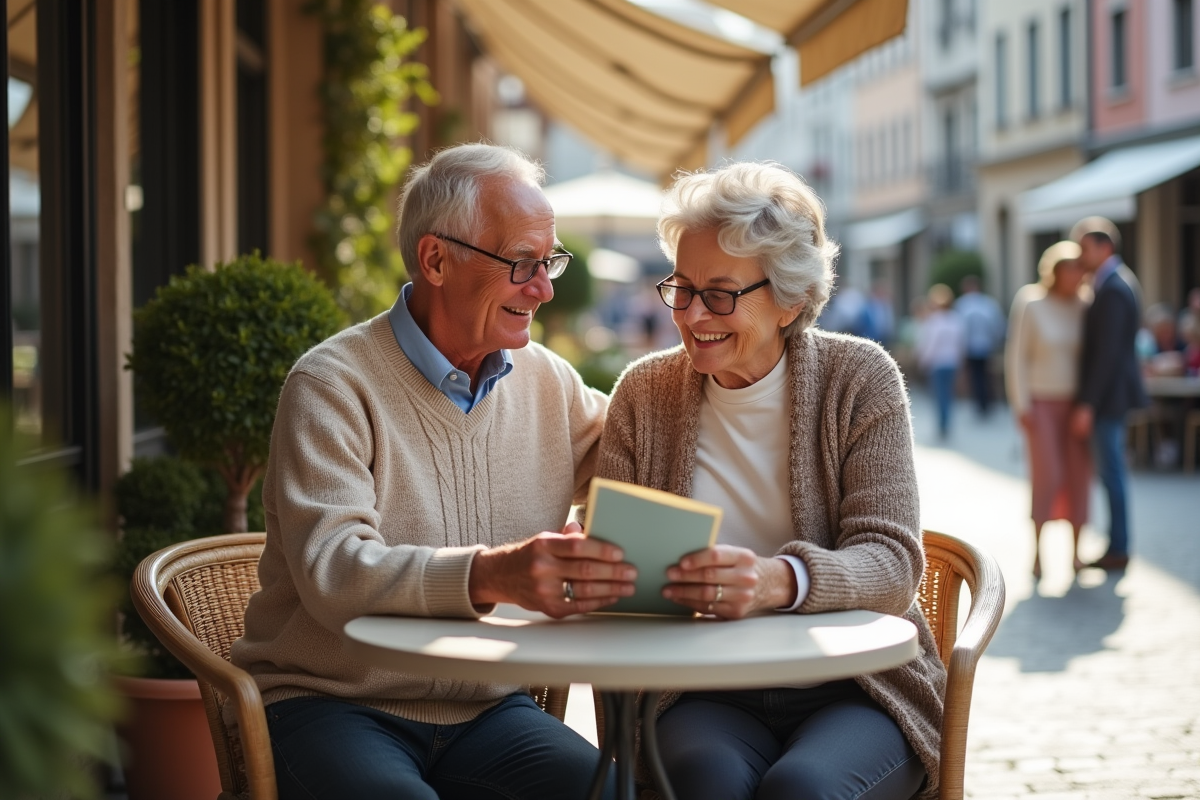 Couple retraité discutant de plans de retraite au café en plein air