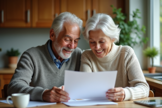Couple retraité en cuisine examinant des documents financiers