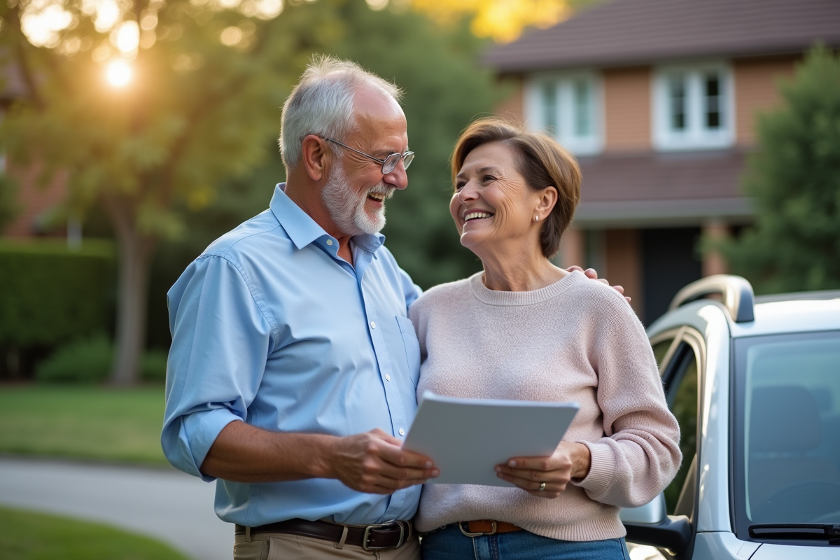 Couple souriant avec brochures d