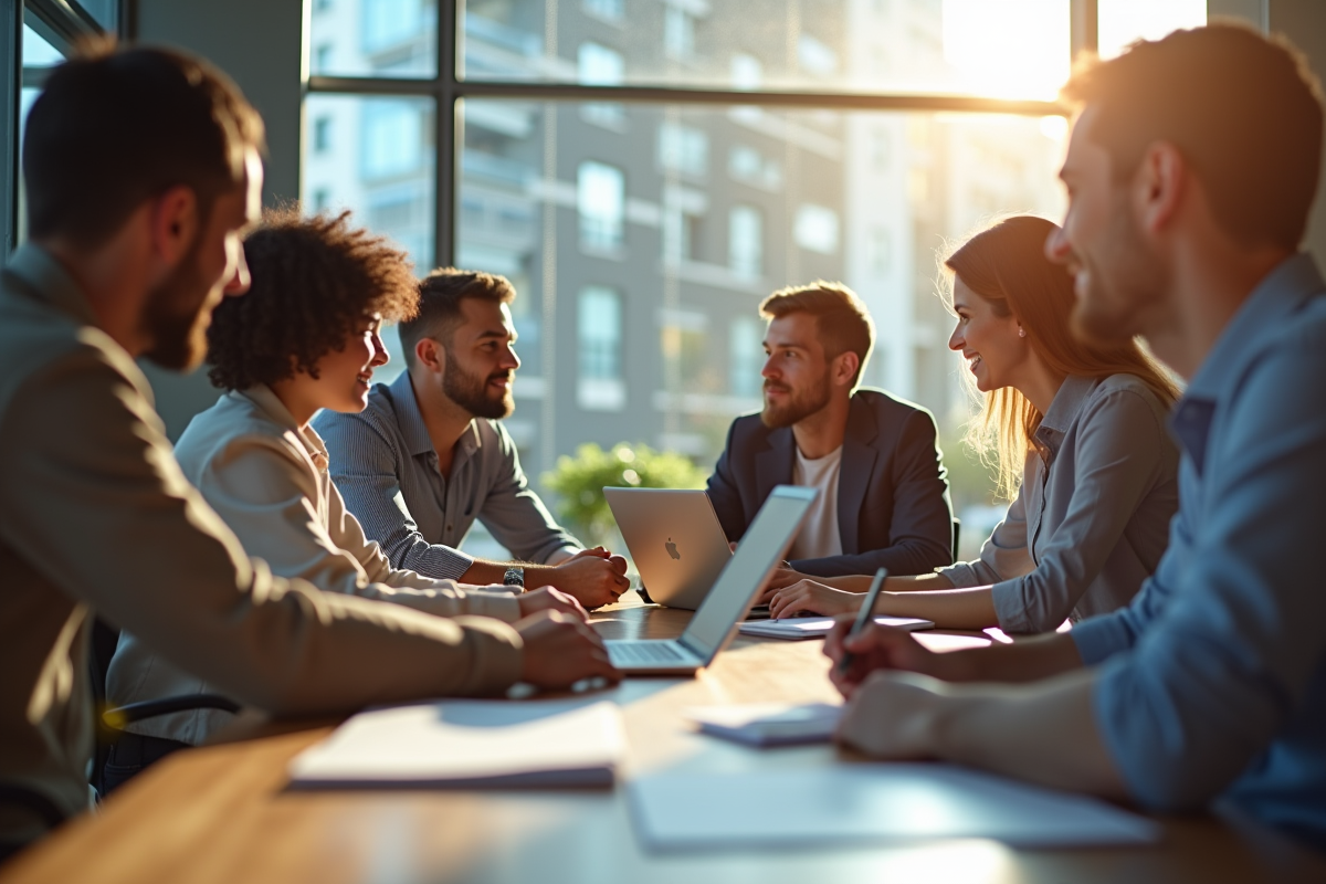 Equipe diverse en réunion dans un bureau lumineux