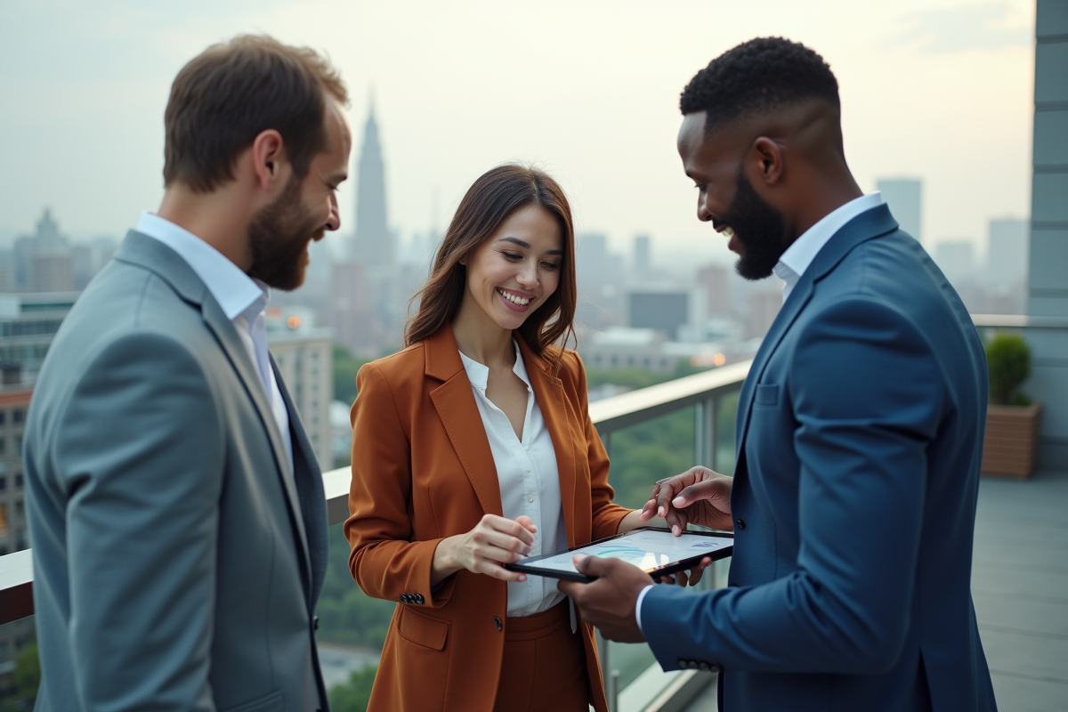 Groupe de professionnels marketing discutant sur un rooftop