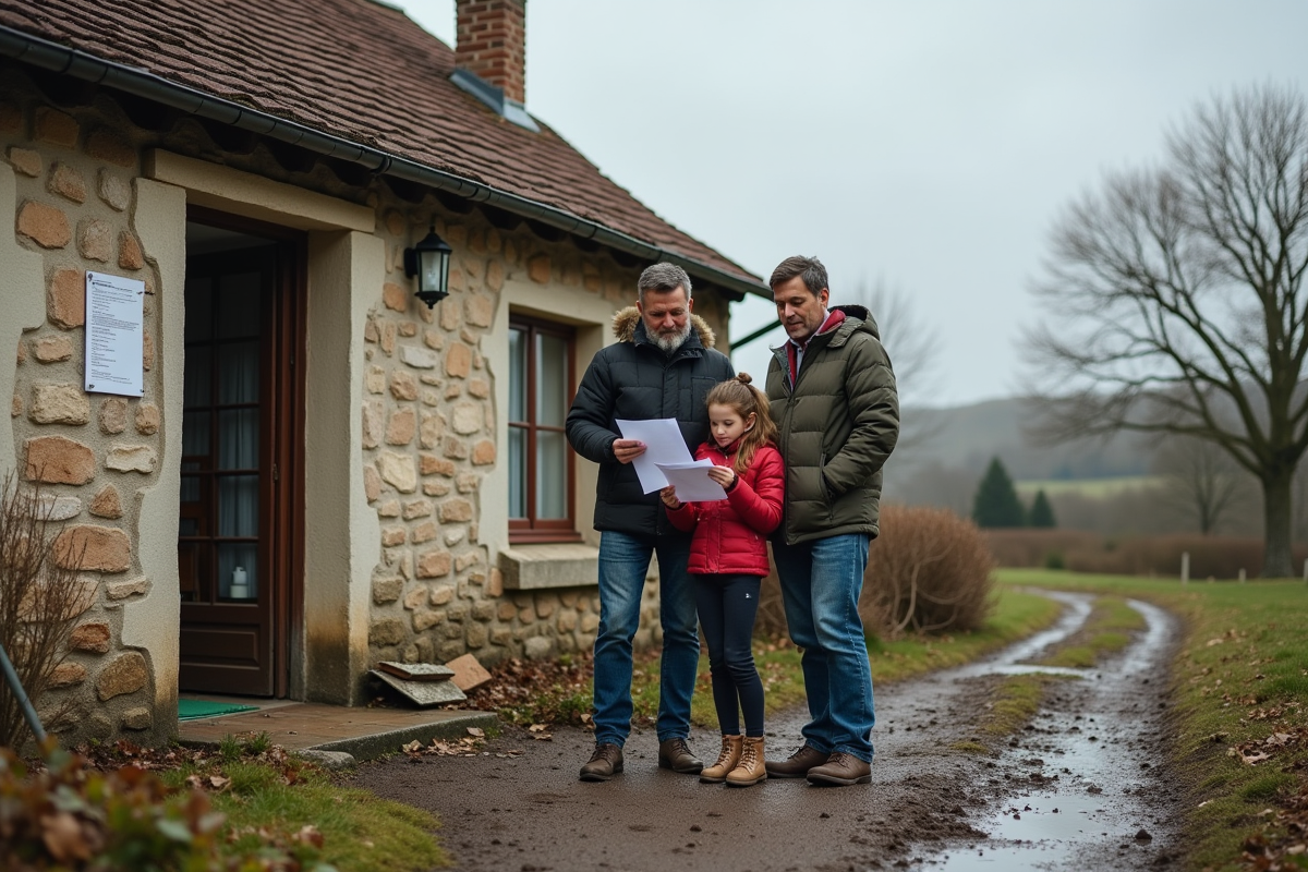 Famille française devant leur maison endommagée par une catastrophe