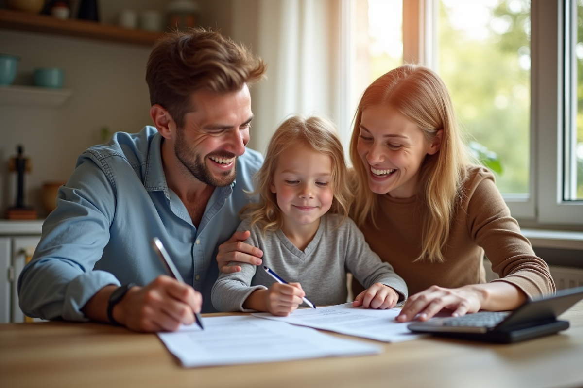 Famille souriante examinant des documents de prêt immobilier à la maison