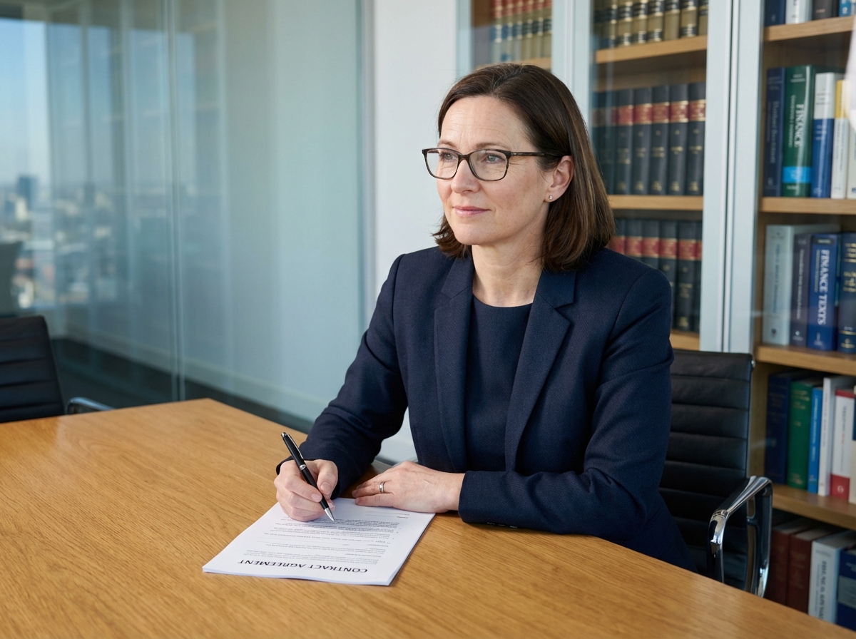 Femme d affaires en costume navy examine un document