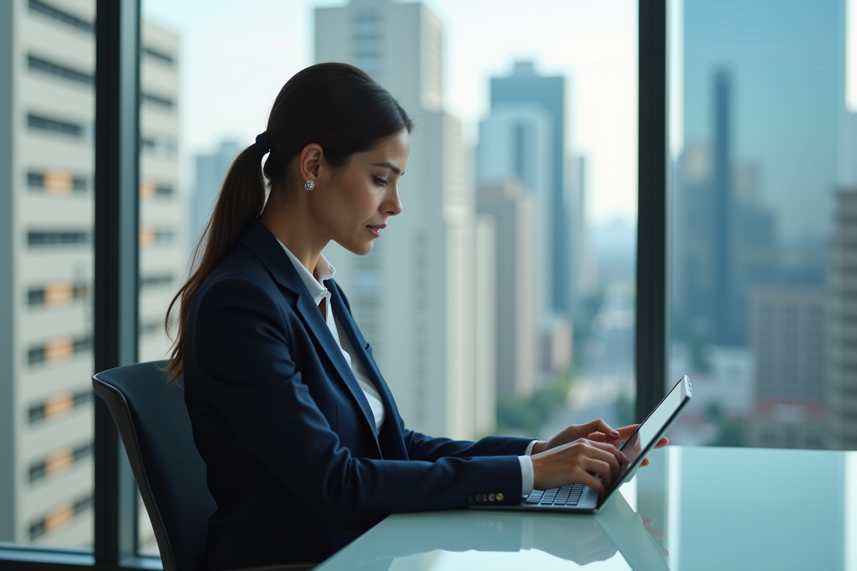 Femme d affaires en costume bleu utilisant une tablette dans un bureau moderne