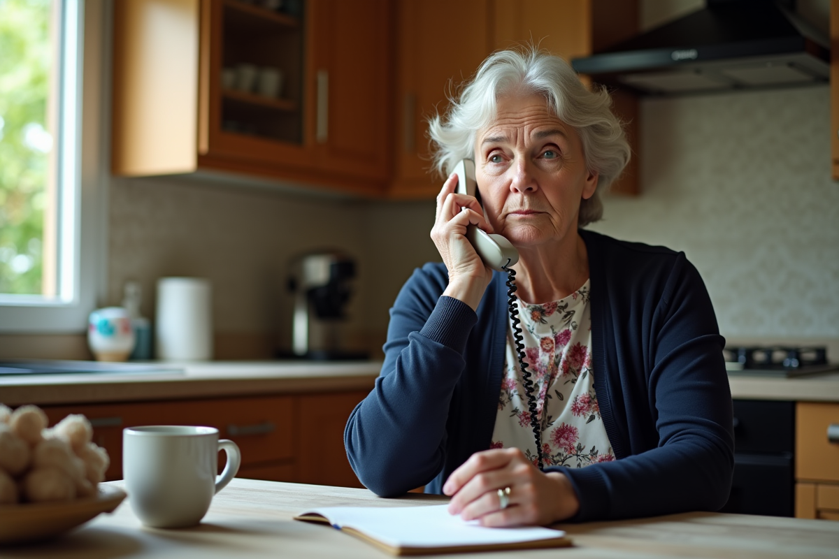 Femme âgée au téléphone dans une cuisine chaleureuse