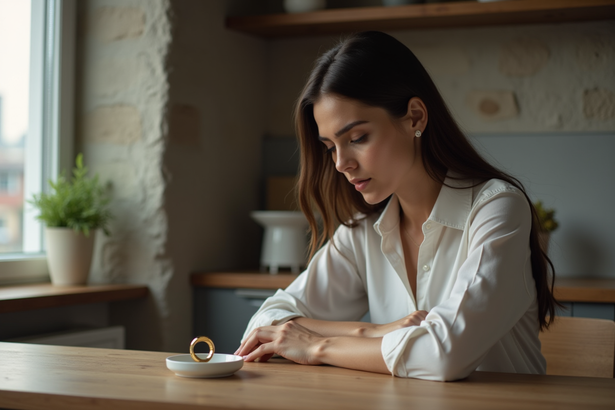 Femme regardant un anneau en or dans sa cuisine