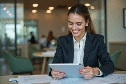 Femme d affaires souriante dans une banque moderne