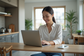Femme assise à une table de cuisine moderne utilisant un ordinateur portable