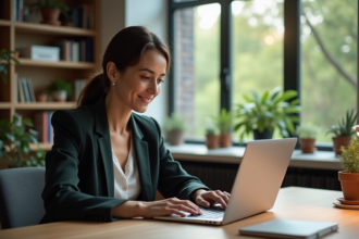 Femme professionnelle compare plateformes ETF dans son bureau