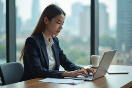 Jeune femme professionnelle travaillant sur un ordinateur dans un bureau lumineux