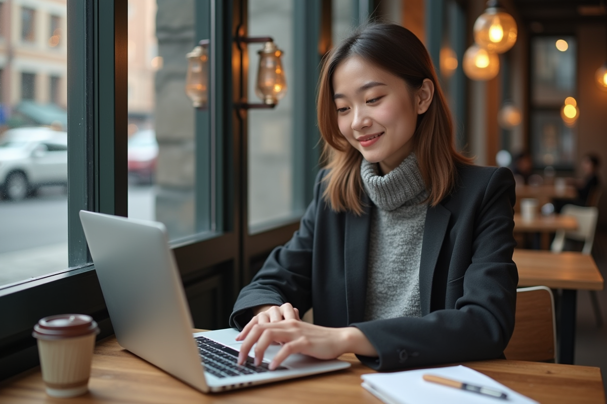 Jeune femme travaillant sur son ordinateur dans un café lumineux