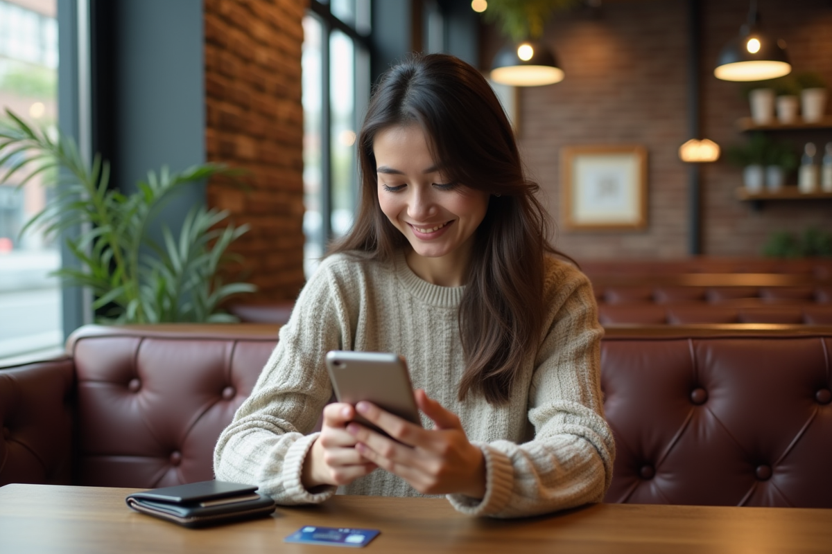 Jeune femme au café regardant son smartphone avec sourire