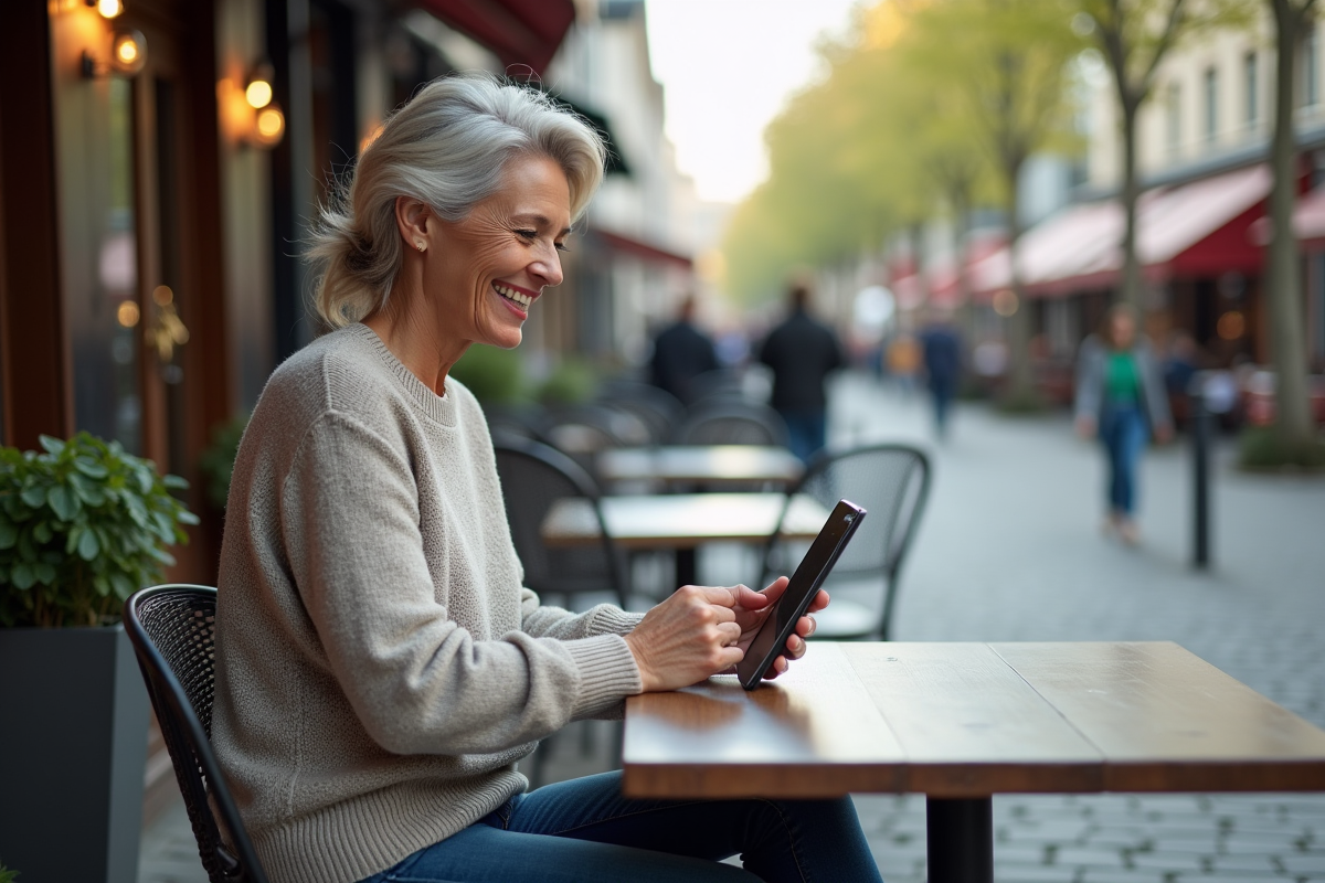 Femme souriante utilisant sa tablette en café