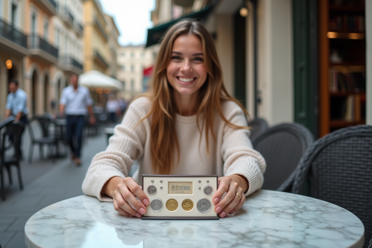 Jeune femme fière montrant ses pièces de 2 euros rares