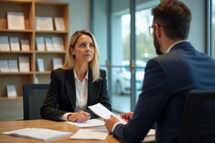 Femme d age moyen discutant avec conseiller bancaire