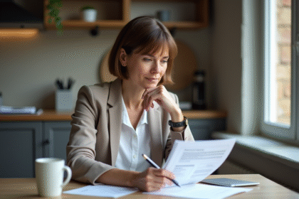 Femme d'âge moyen examinant un contrat d'assurance à la maison