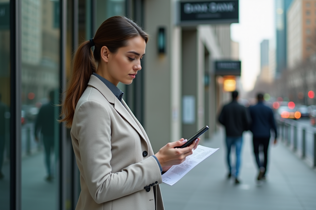 Jeune femme vérifiant son prêt immobilier devant une banque