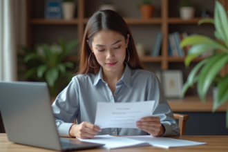 Femme examine un contrat telecom à la maison