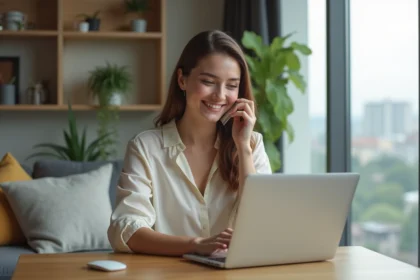 Femme souriante avec carte bancaire et ordinateur portable