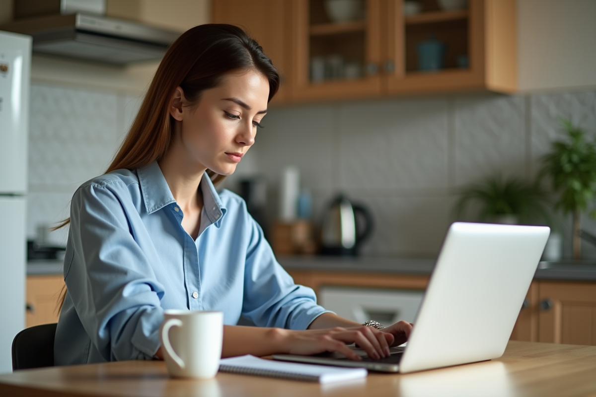 Jeune femme remplissant un formulaire fiscal sur son ordinateur portable