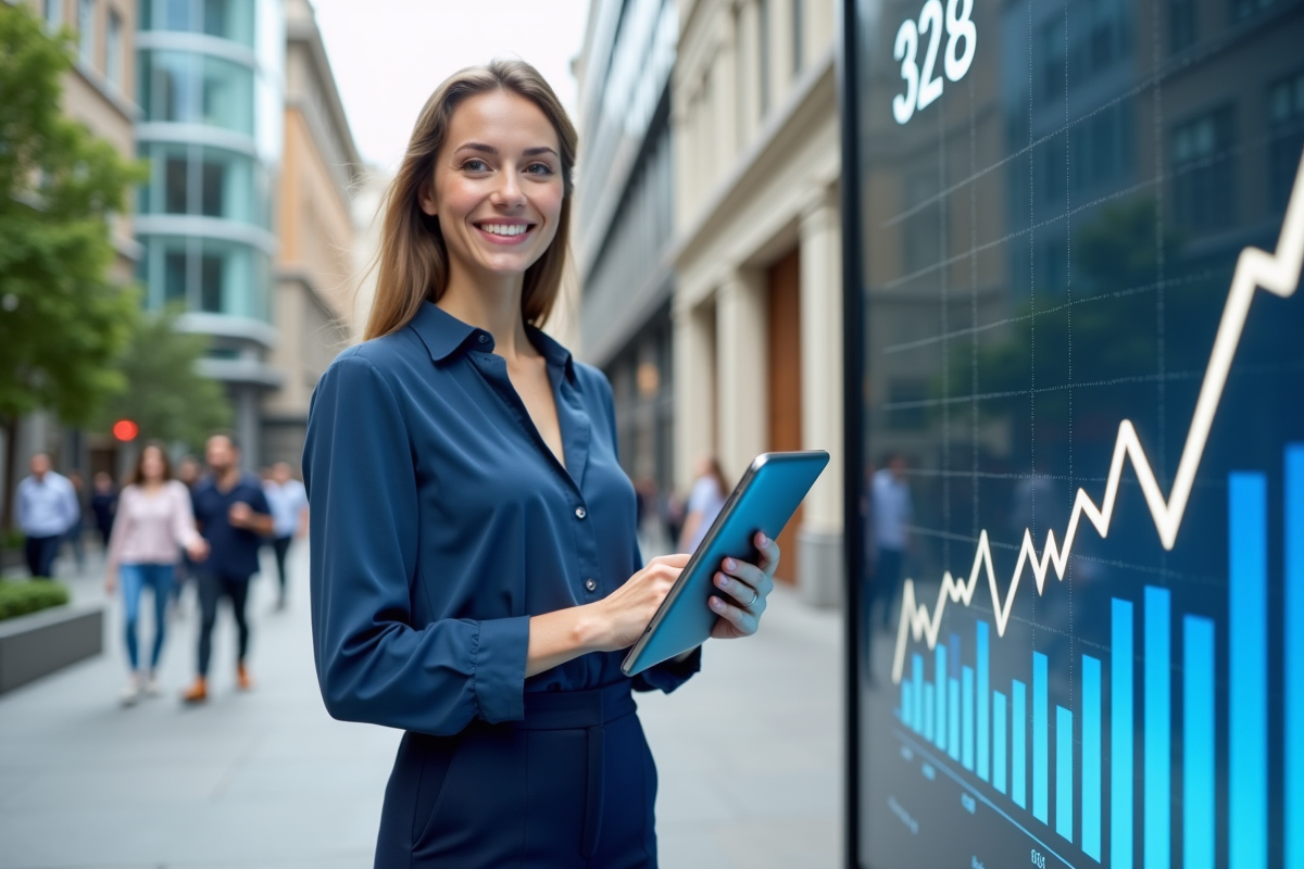Jeune femme souriante avec tablette dans un environnement urbain moderne