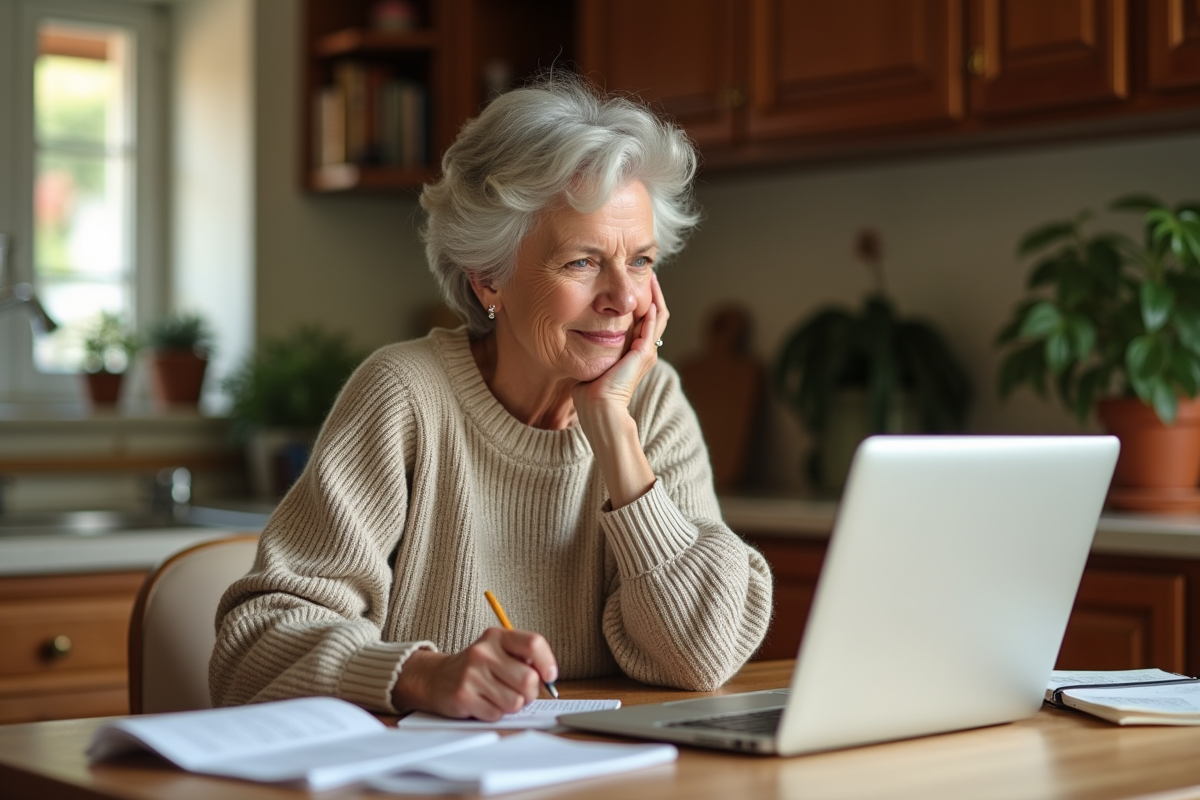 Femme d'âge moyen examine ses finances dans une cuisine chaleureuse