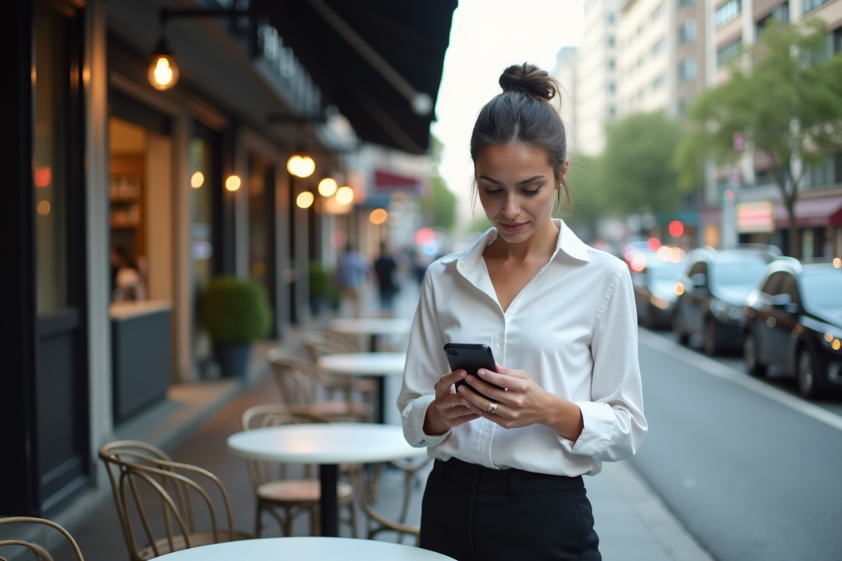 Femme regardant une application de minage de cryptomonnaies en extérieur