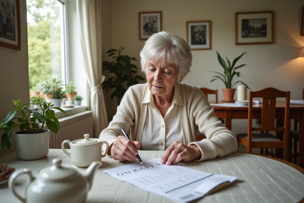 Femme âgée examinant une facture de notaire à la maison