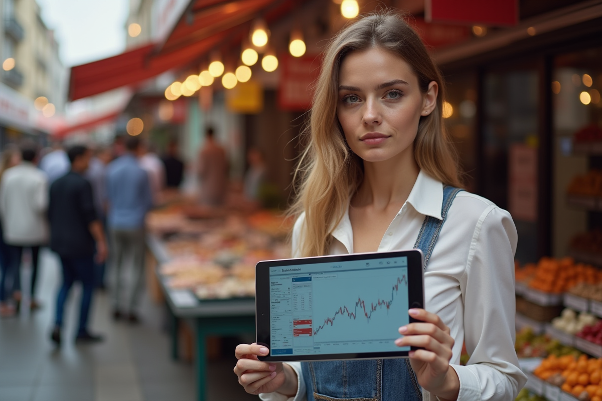 Jeune femme analysant des données économiques en marché urbain