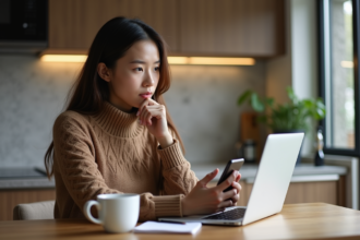 Jeune femme en cuisine avec ordinateur et smartphone