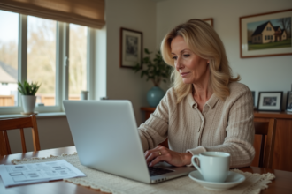 Femme d'âge moyen consulte des annonces immobilières à la maison