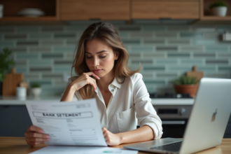 Femme regardant un relevé bancaire dans une cuisine moderne