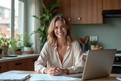 Femme assise à une table de cuisine avec papiers et ordinateur