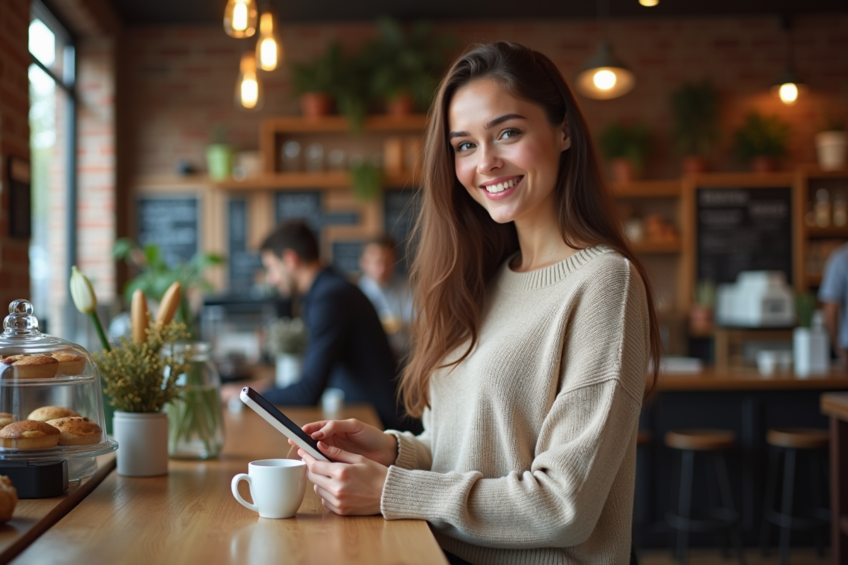 Femme acceptant un paiement Bitcoin avec une tablette dans un café
