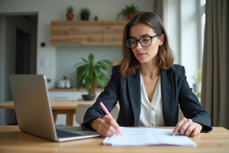 Femme professionnelle en bureau moderne avec documents et ordinateur