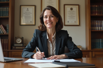 Femme d'âge moyen écrivant une lettre dans un bureau calme