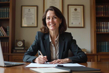 Femme d'âge moyen écrivant une lettre dans un bureau calme