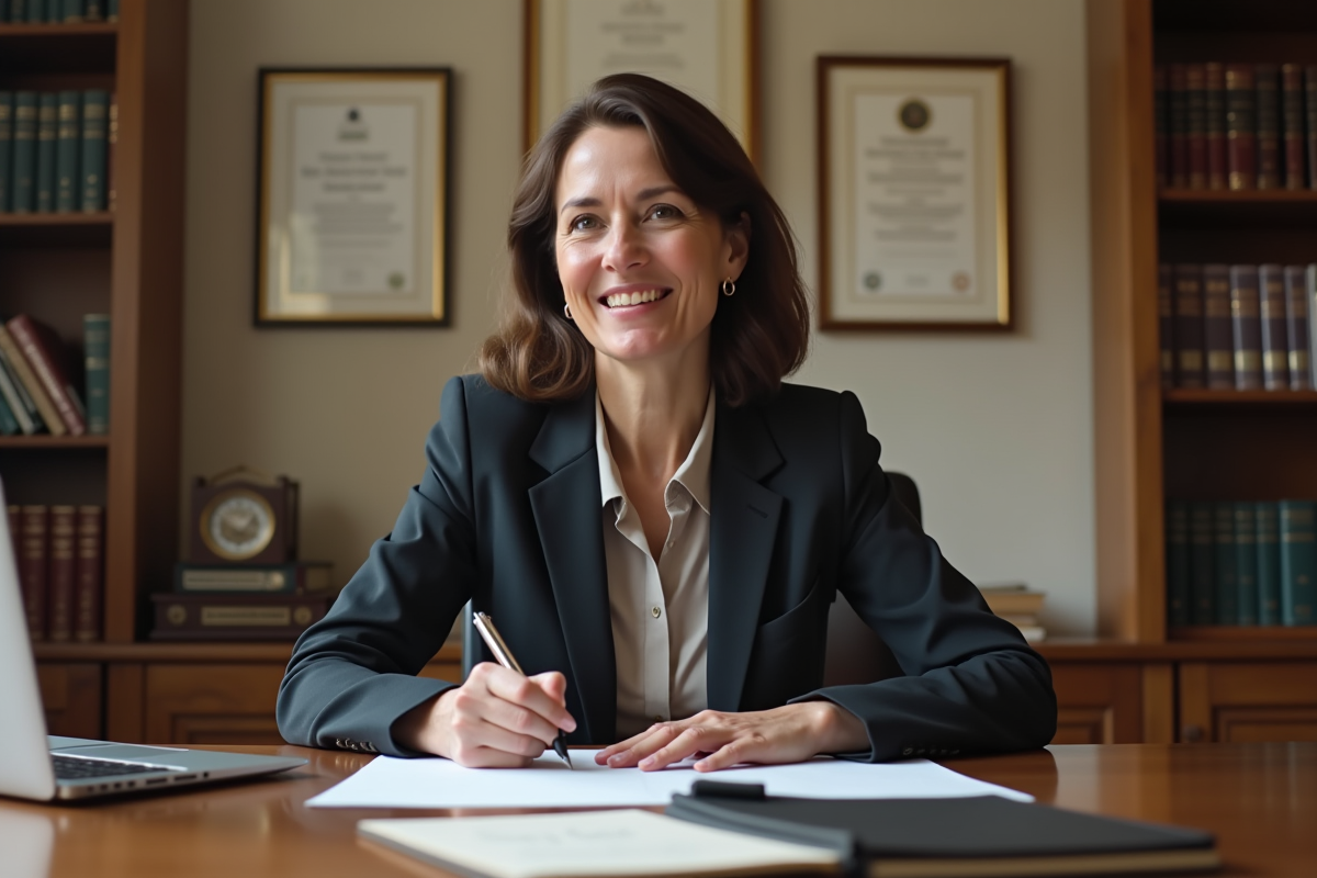 Femme d'âge moyen écrivant une lettre dans un bureau calme