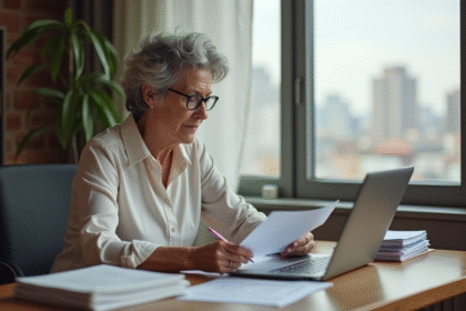 Femme d'âge moyen remplissant papiers de retraite à son bureau