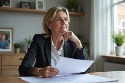 Femme d'âge moyen examinant des documents de pension à domicile