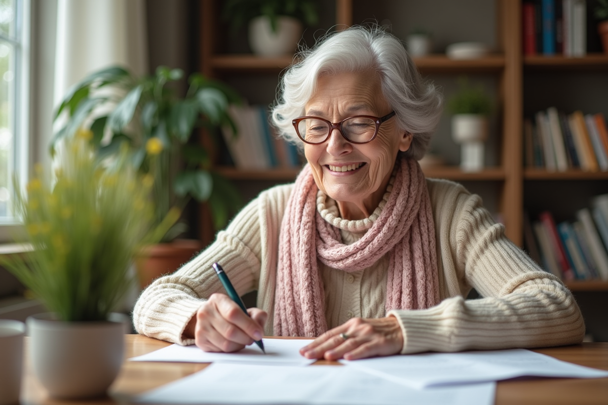 Femme senior souriante complétant des papiers à la maison