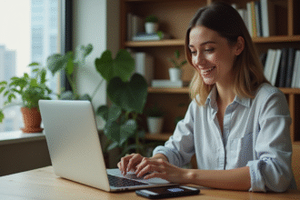 Jeune femme souriante confirmant une transaction crypto sur son ordinateur